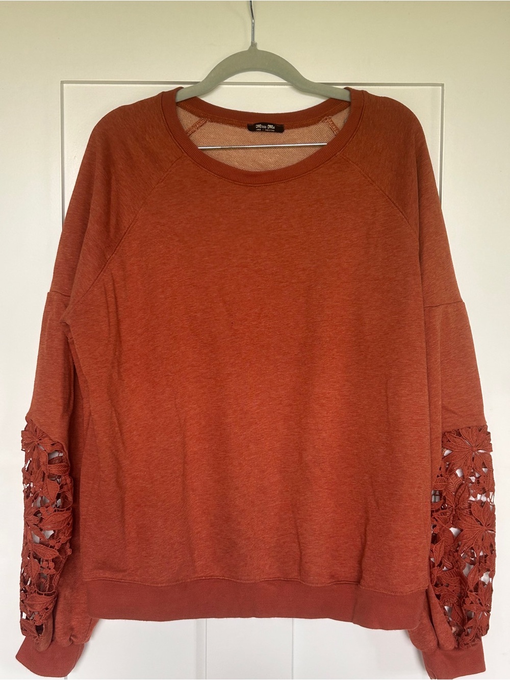 Miss Me Crochet-Sleeve Pullover Sweatshirt - Rust